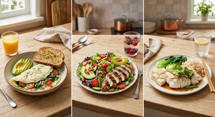 A composite photograph displaying three sequential meals in small, connected panels, illustrating a full day of balanced, portioned eating to ensure consistent protein intake. The first panel shows a fluffy egg-white omelette filled with spinach and cheese on wholegrain toast for breakfast. The second panel displays a large, vibrant salad topped with sliced grilled chicken breast, mixed greens, lentils, and roasted peppers for lunch. The third panel features a traditional Hong Kong-style dish of steamed fish fillet and soft tofu with minced pork and scallions over brown rice for dinner. All three dishes are set against a softly blurred, natural kitchen environment, conveying fresh, home-cooked food.