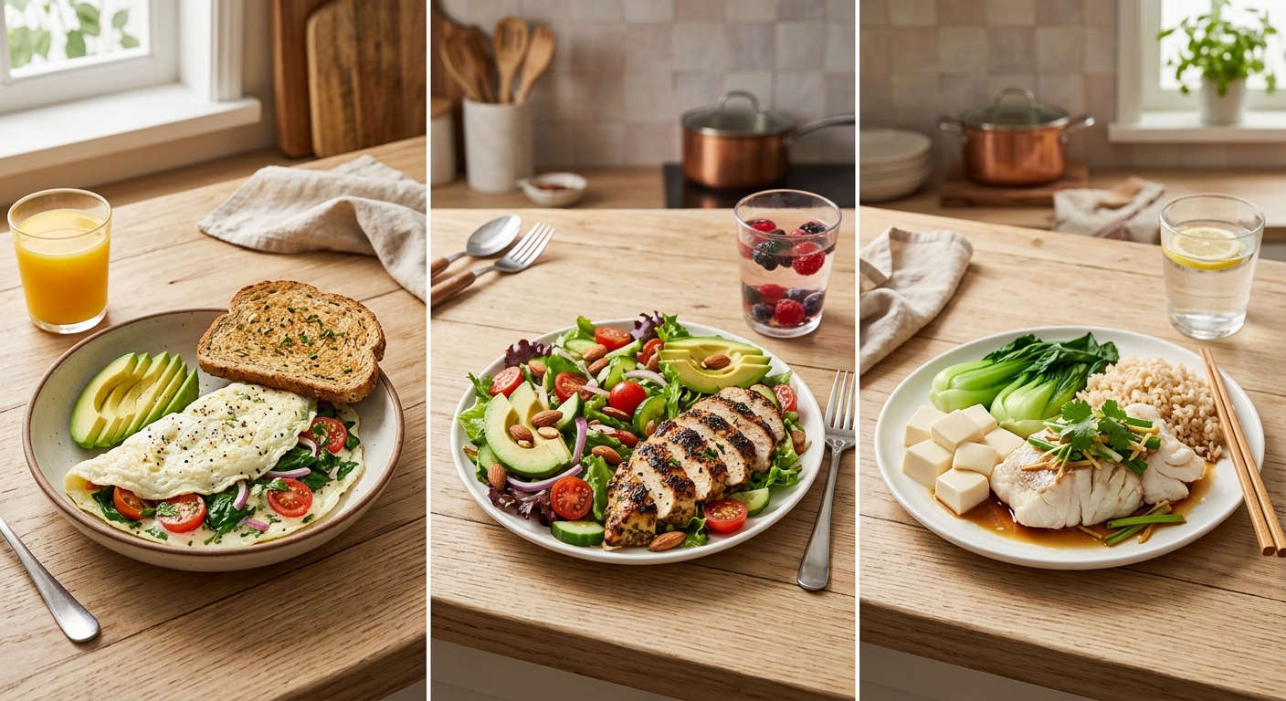 A composite photograph displaying three sequential meals in small, connected panels, illustrating a full day of balanced, portioned eating to ensure consistent protein intake. The first panel shows a fluffy egg-white omelette filled with spinach and cheese on wholegrain toast for breakfast. The second panel displays a large, vibrant salad topped with sliced grilled chicken breast, mixed greens, lentils, and roasted peppers for lunch. The third panel features a traditional Hong Kong-style dish of steamed fish fillet and soft tofu with minced pork and scallions over brown rice for dinner. All three dishes are set against a softly blurred, natural kitchen environment, conveying fresh, home-cooked food.